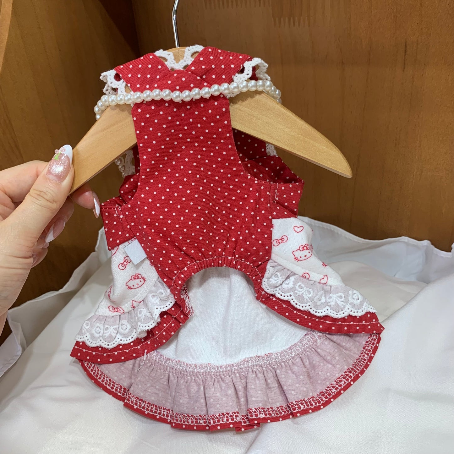 F025-Cute Hello Kitty Dress Red and White for Small Dog with Polka Dot Pattern and Lace Trim