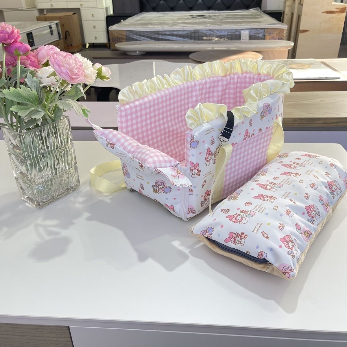 P001-Pet Carrier Car Console for Small Dogs Less Than 9 lbs Cute Plaid Pattern Washable with Pink and Yellow Gingham Design Compact & Convenient