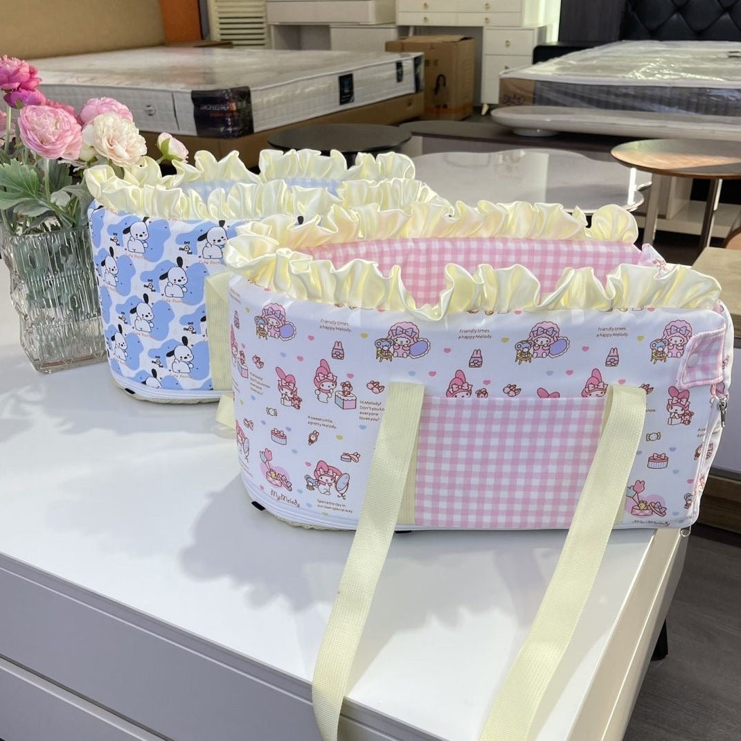 P001-Pet Carrier Car Console for Small Dogs Less Than 9 lbs Cute Plaid Pattern Washable with Pink and Yellow Gingham Design Compact & Convenient