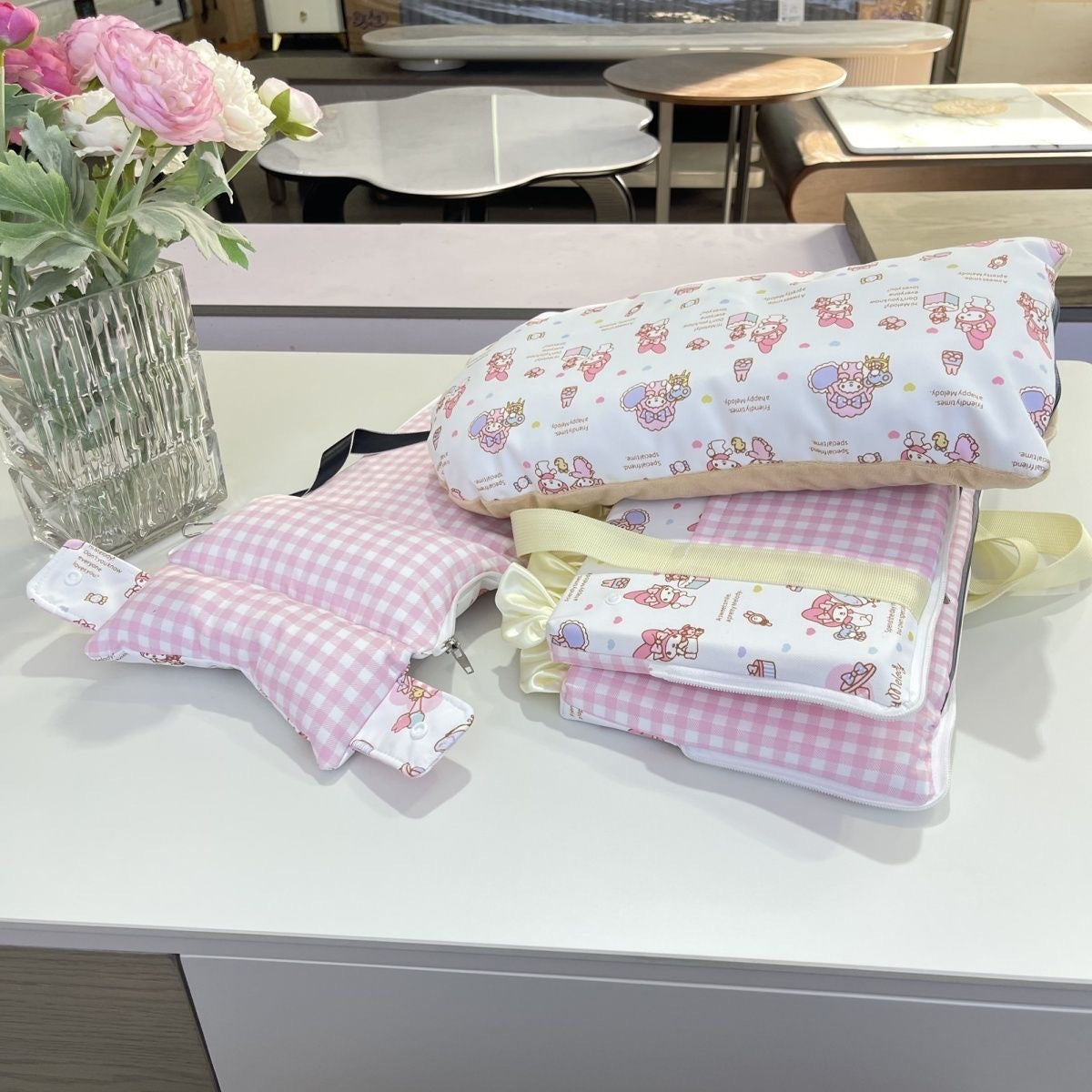 P001-Pet Carrier Car Console for Small Dogs Less Than 9 lbs Cute Plaid Pattern Washable with Pink and Yellow Gingham Design Compact & Convenient