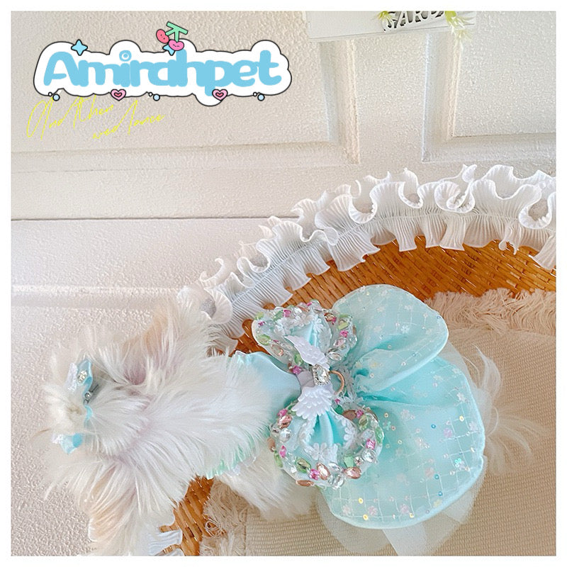 F002-Mint Green Sequin Dress for Summer Female Dog with Gems on Bow Elegant Ruffled Pet Outfit
