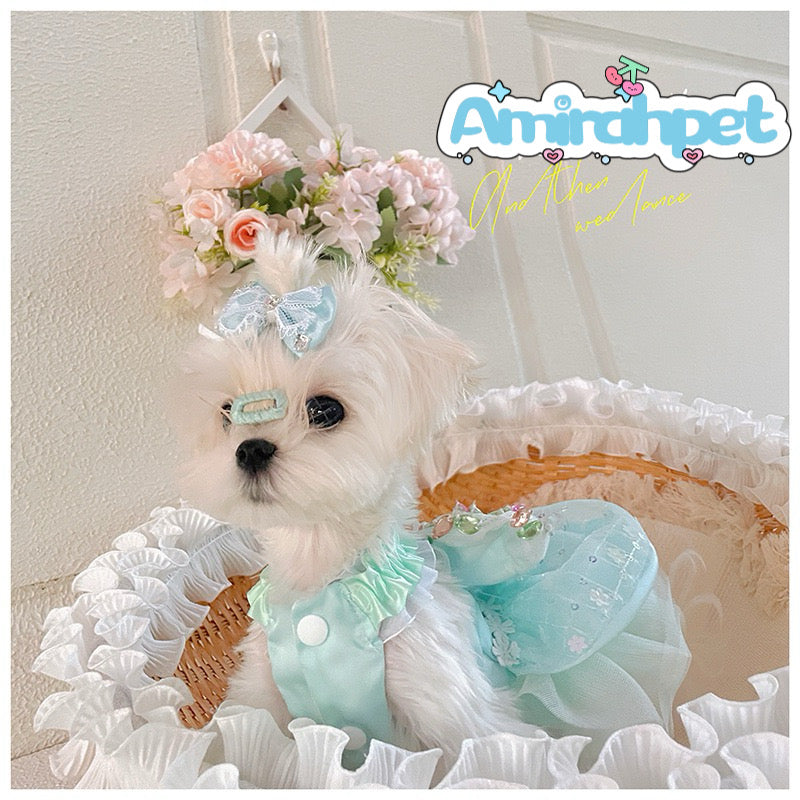 F002-Mint Green Sequin Dress for Summer Female Dog with Gems on Bow Elegant Ruffled Pet Outfit