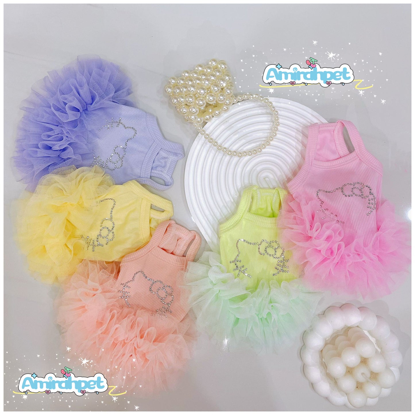 F005-Tutu Dress with Stretchy Material for Small Dog Summer Breathable Wear in 5 Colors-pink,purple,orange and green