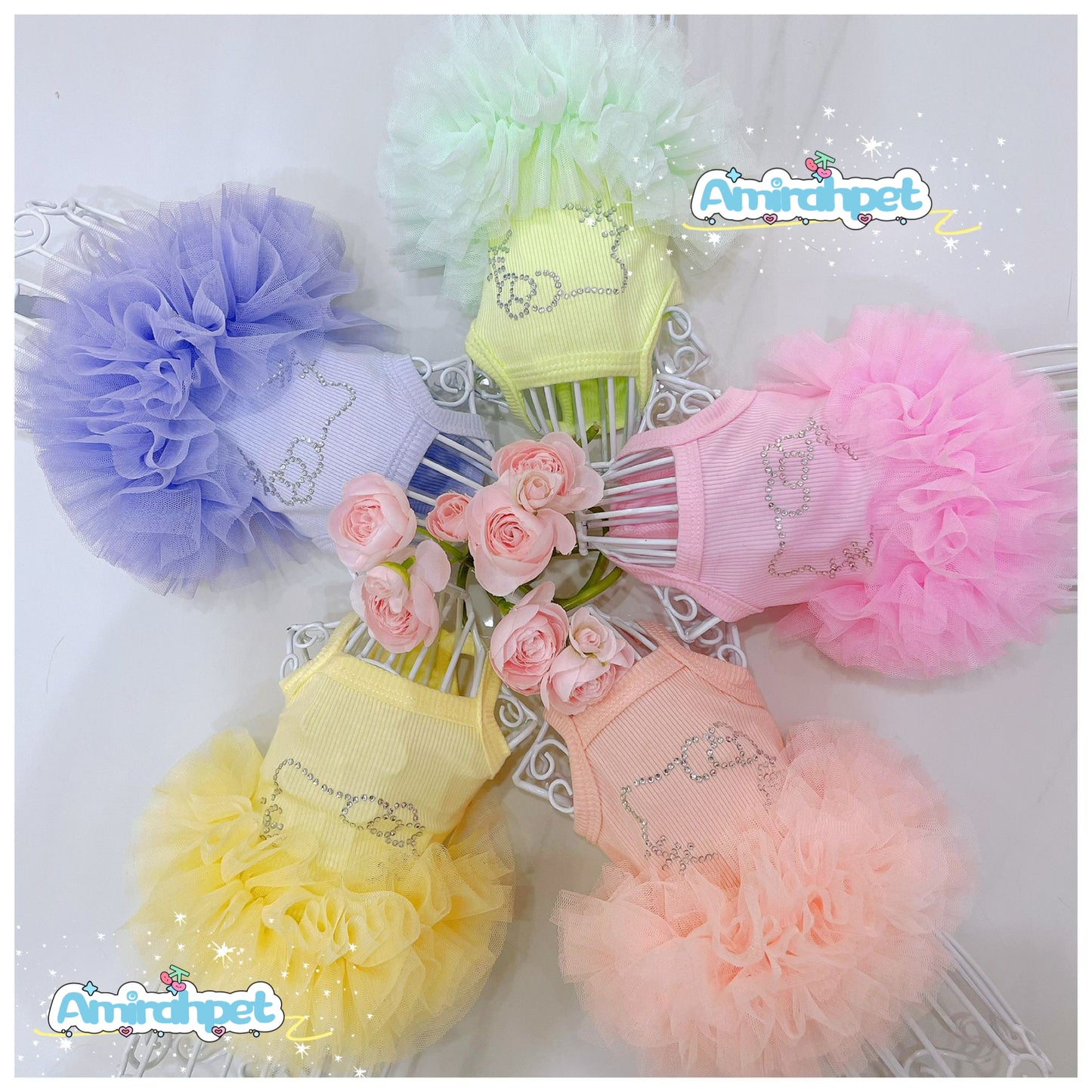 F005-Tutu Dress with Stretchy Material for Small Dog Summer Breathable Wear in 5 Colors-pink,purple,orange and green