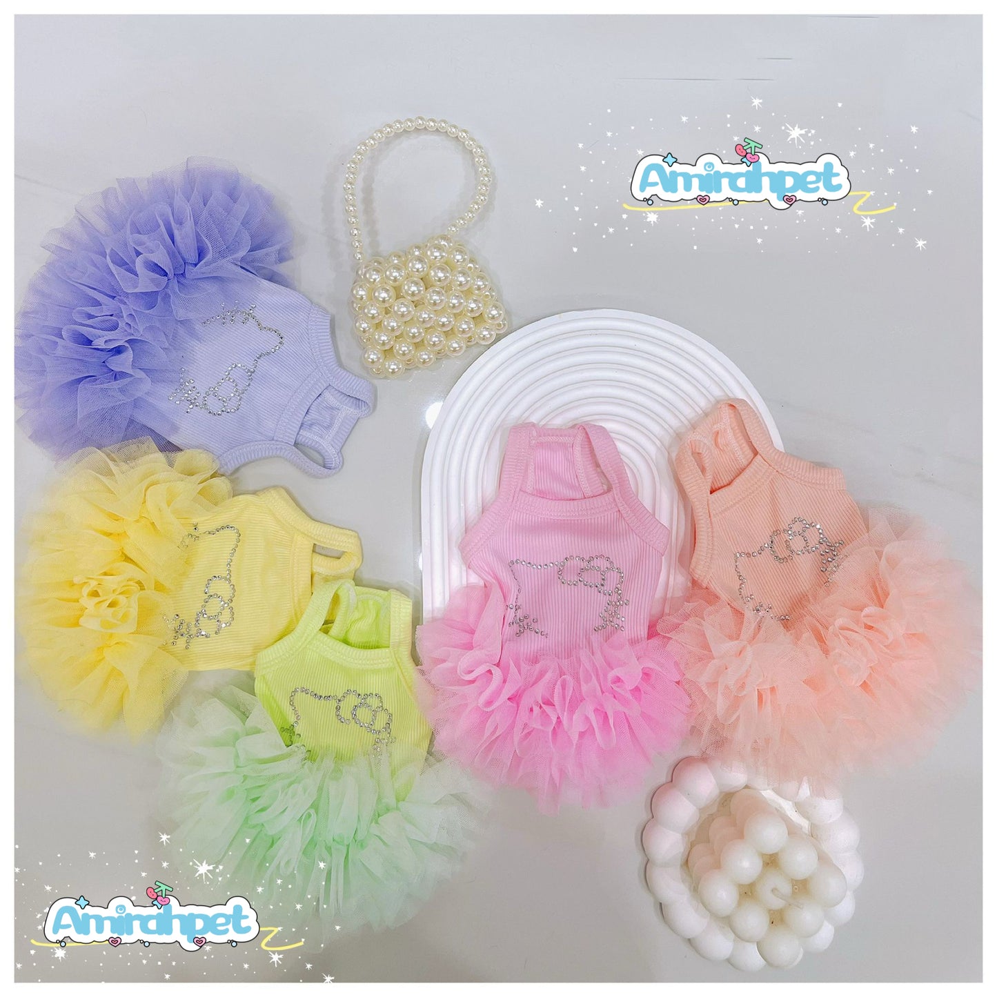 F005-Tutu Dress with Stretchy Material for Small Dog Summer Breathable Wear in 5 Colors-pink,purple,orange and green