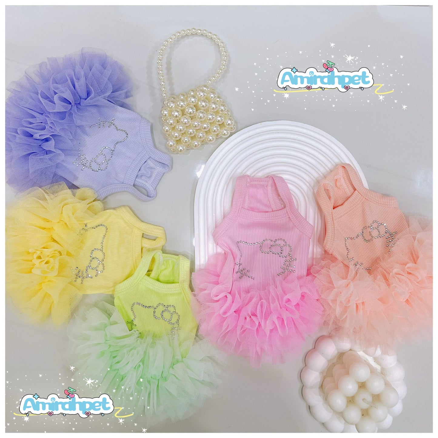 F005-Tutu Dress with Stretchy Material for Small Dog Summer Breathable Wear in 5 Colors-pink,purple,orange and green