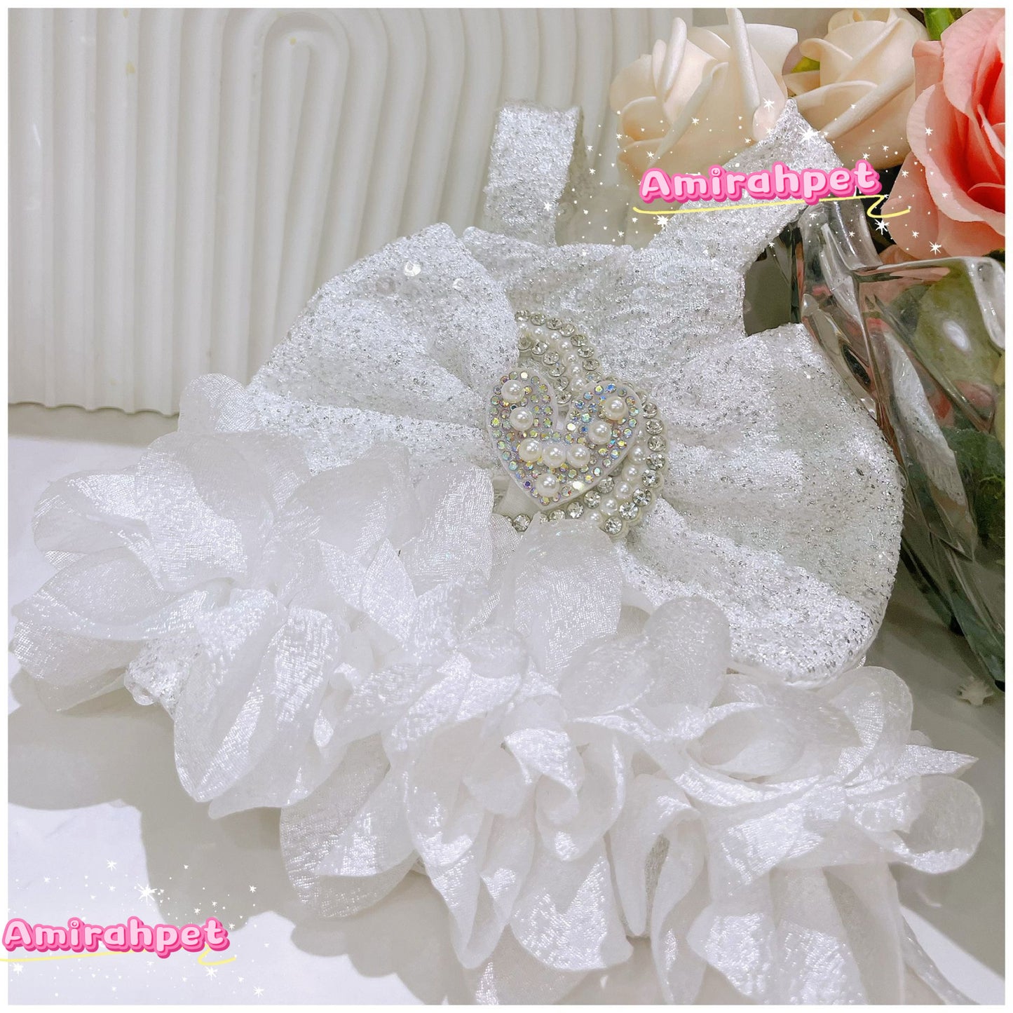 F017-White Sequin Dress Summer Wear for Small Dog Fancy Dress for Poodle Maltese with Pearl Accents and Lace Trim