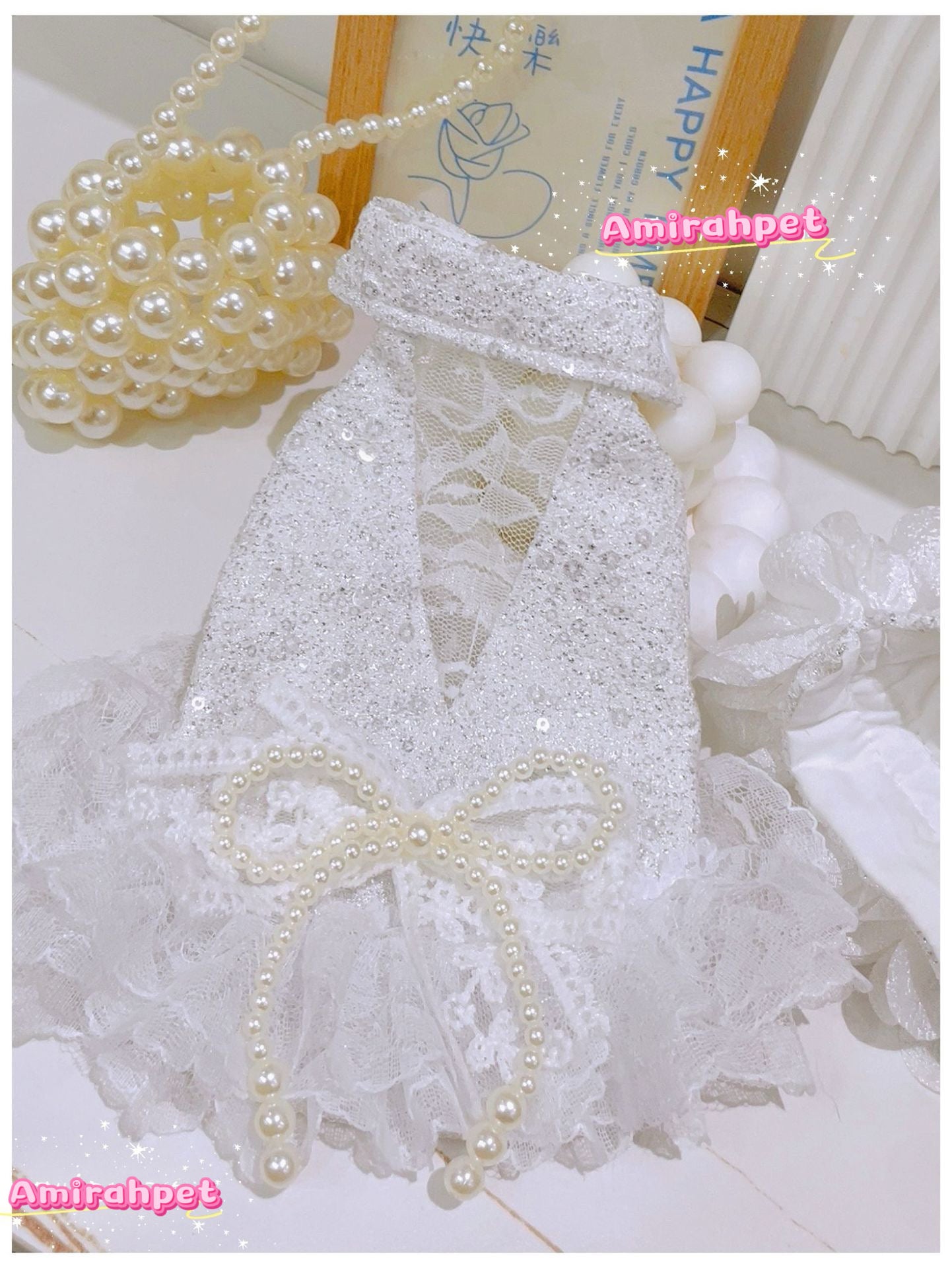 F017-White Sequin Dress Summer Wear for Small Dog Fancy Dress for Poodle Maltese with Pearl Accents and Lace Trim