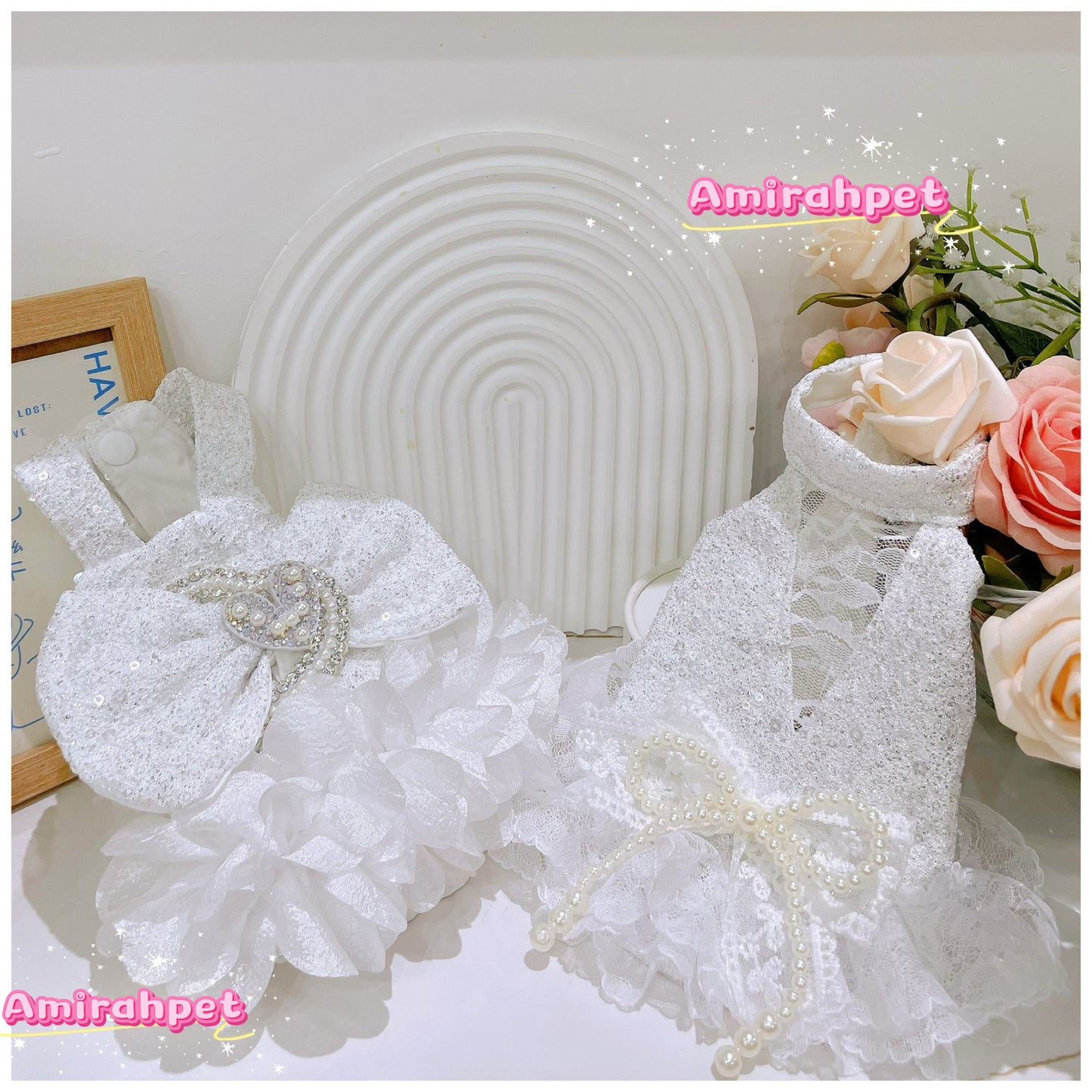 F017-White Sequin Dress Summer Wear for Small Dog Fancy Dress for Poodle Maltese with Pearl Accents and Lace Trim