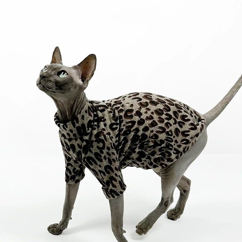 C002-Ice Silk Cat Vest – Thin Leopard Print for Sphynx & Devon Rex Hairless Cats, Breathable & Stylish