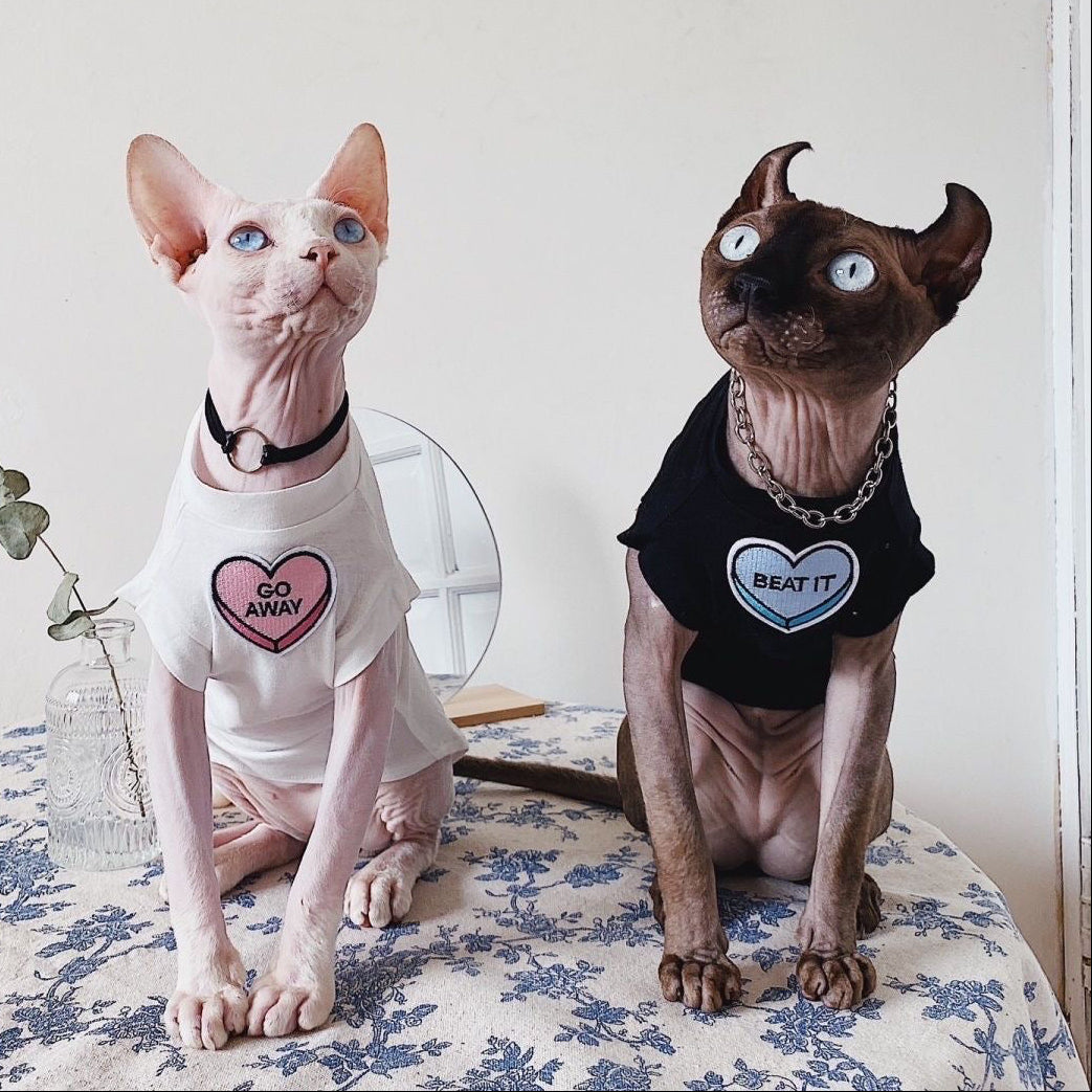 C006-Comfy Summer Shirt for Cats Matching Color Couple Wear for Devon Rex and Sphinx Cat with "Go Away" & "Beat It" Designs