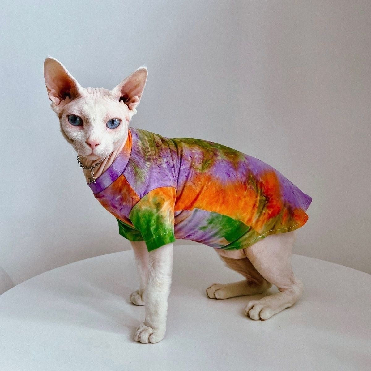 C008-Colorful Tie Dye Shirt for Cats Summer Wear Breathable Cat Apparel Pink & Orange Design