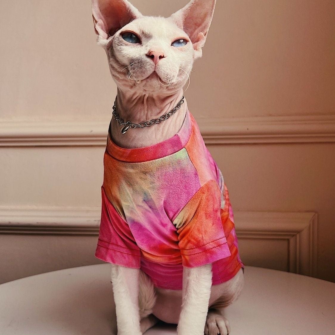 C008-Colorful Tie Dye Shirt for Cats Summer Wear Breathable Cat Apparel Pink & Orange Design