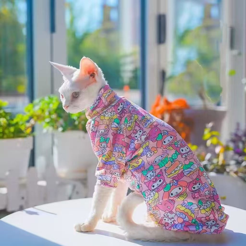 C009-Colorful Cartoon Print Summer Onesie Four-Legged Shirt for Cats - Breathable Design for Devon Rex & Sphinx Cats - Fun & Comfortable Wear