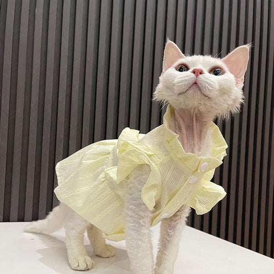 C011-Soft Yellow Cat Shirt with Ruffle Design - Comfortable Stylish Fit for Your Feline Friend