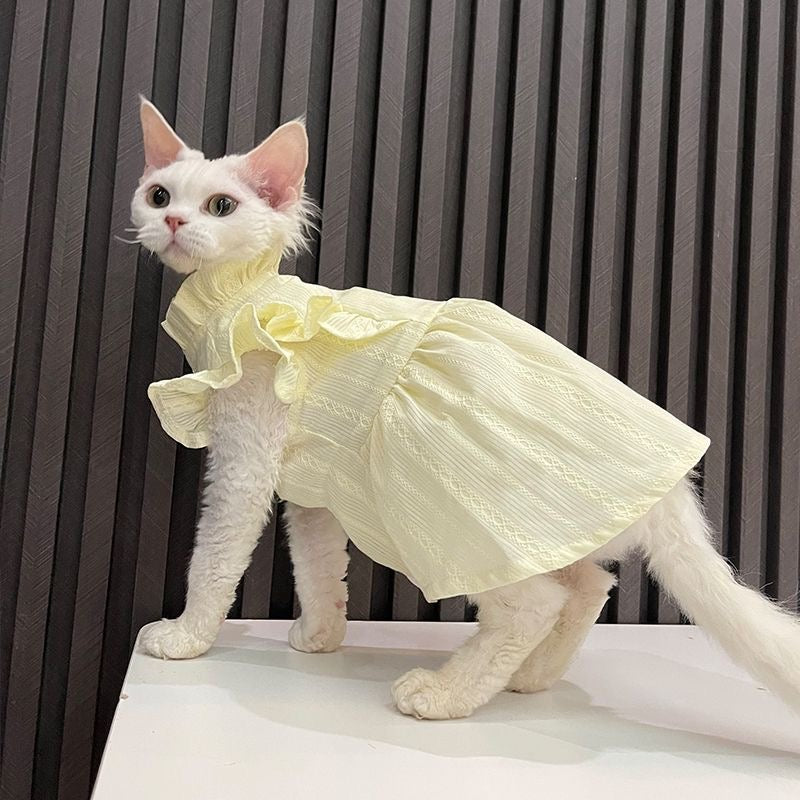 C011-Soft Yellow Cat Shirt with Ruffle Design - Comfortable Stylish Fit for Your Feline Friend