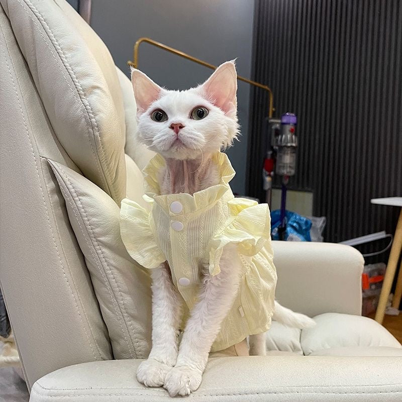 C011-Soft Yellow Cat Shirt with Ruffle Design - Comfortable Stylish Fit for Your Feline Friend