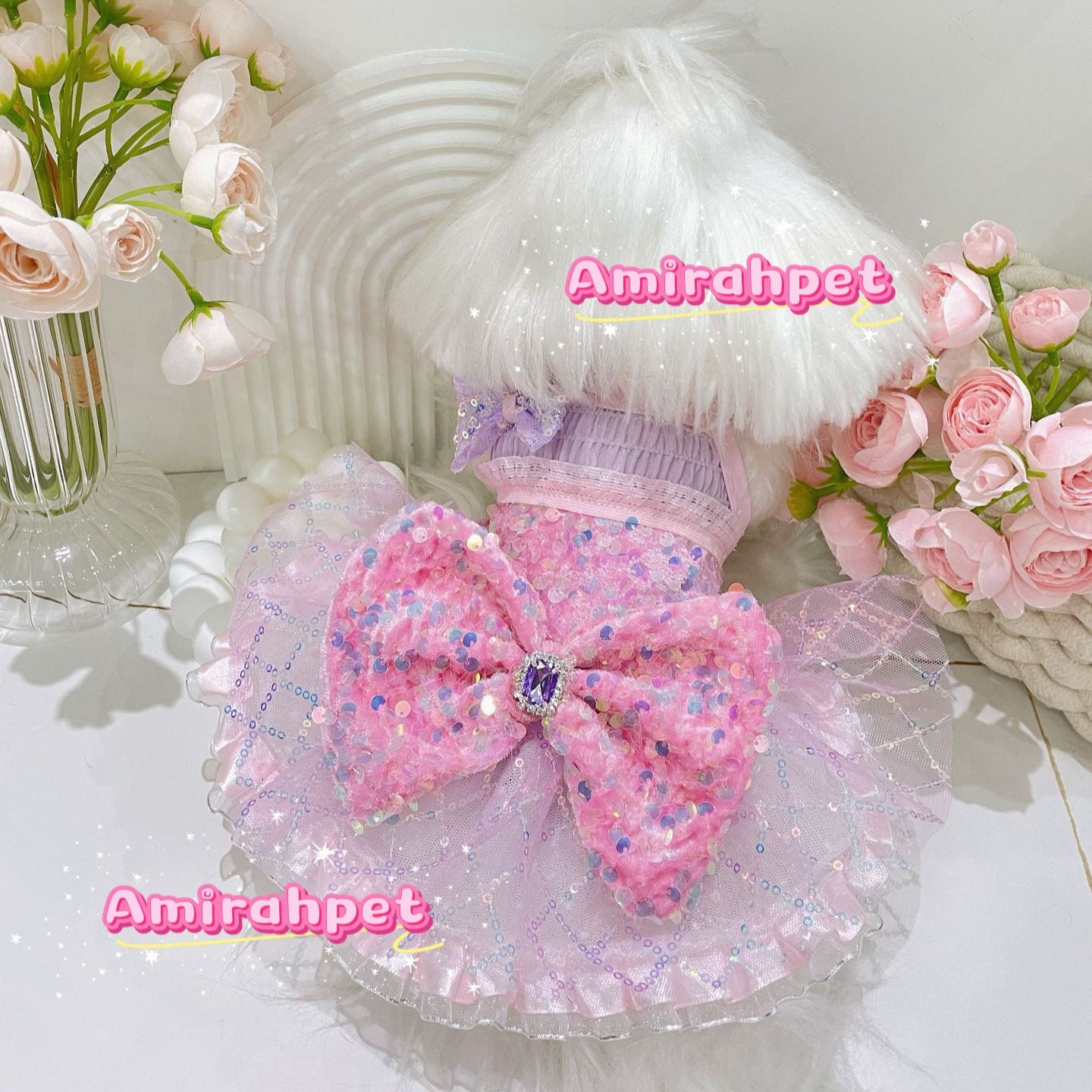 F022-Pink Sequin Dress for Small Female Dogs Summer Breathable Outfit with Elastic Chest for Bichon Maltese Poodle Toy Breeds