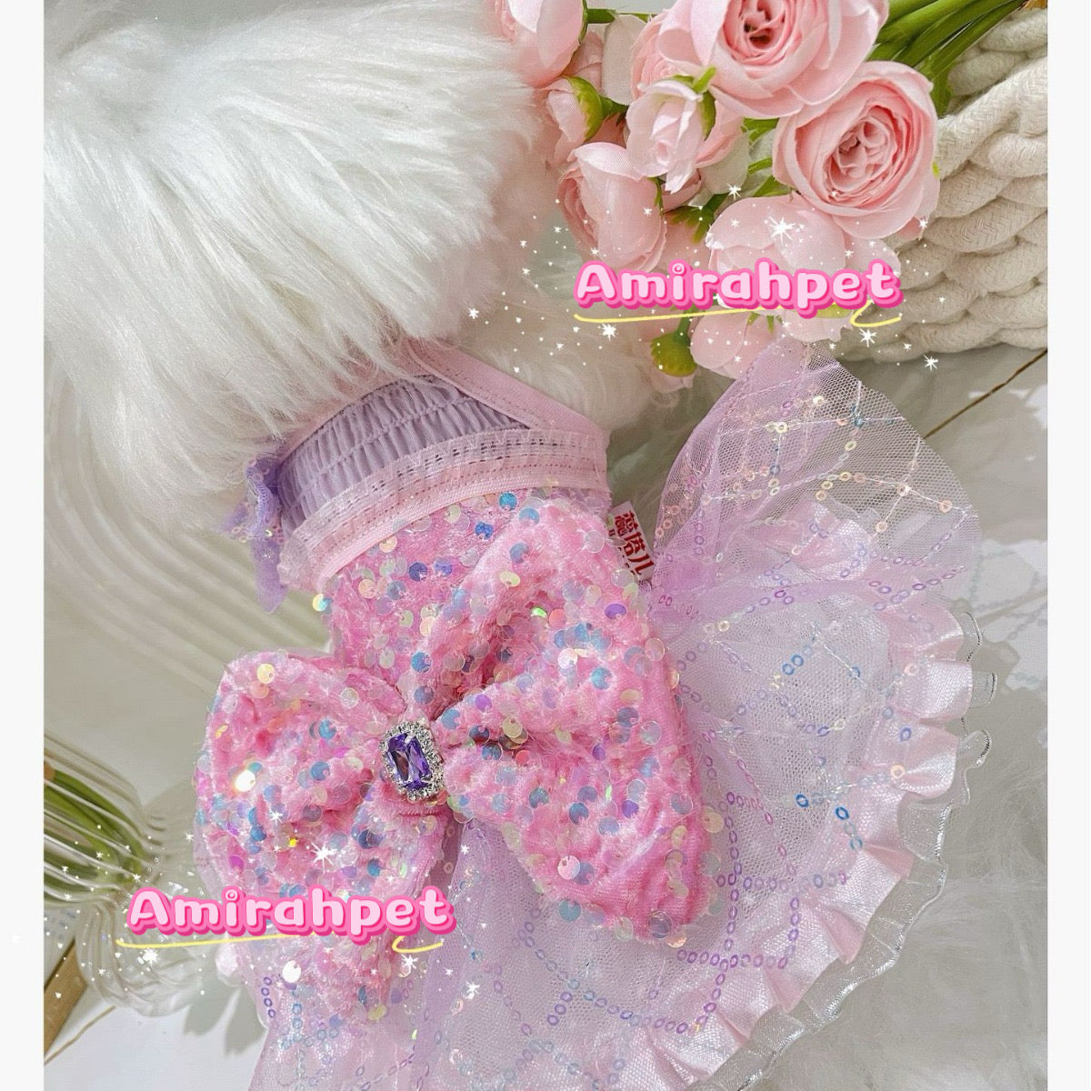 F022-Pink Sequin Dress for Small Female Dogs Summer Breathable Outfit with Elastic Chest for Bichon Maltese Poodle Toy Breeds