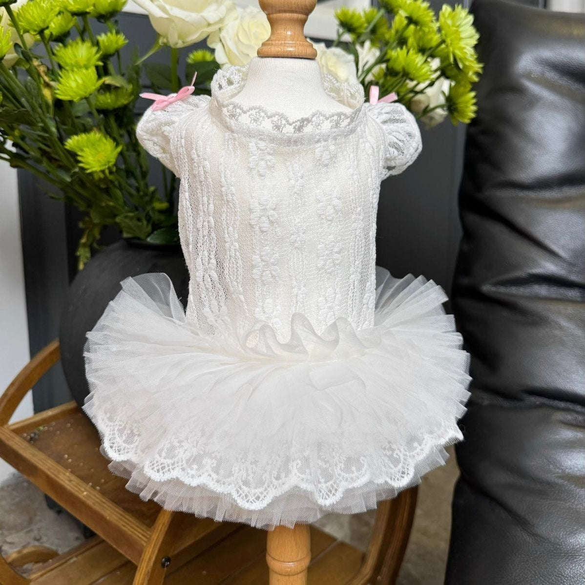 F020-White Lace Lolita Style Dog Dress with Puff Sleeves Tutu Design Summer Breathable Pet Outfit for Small Dogs