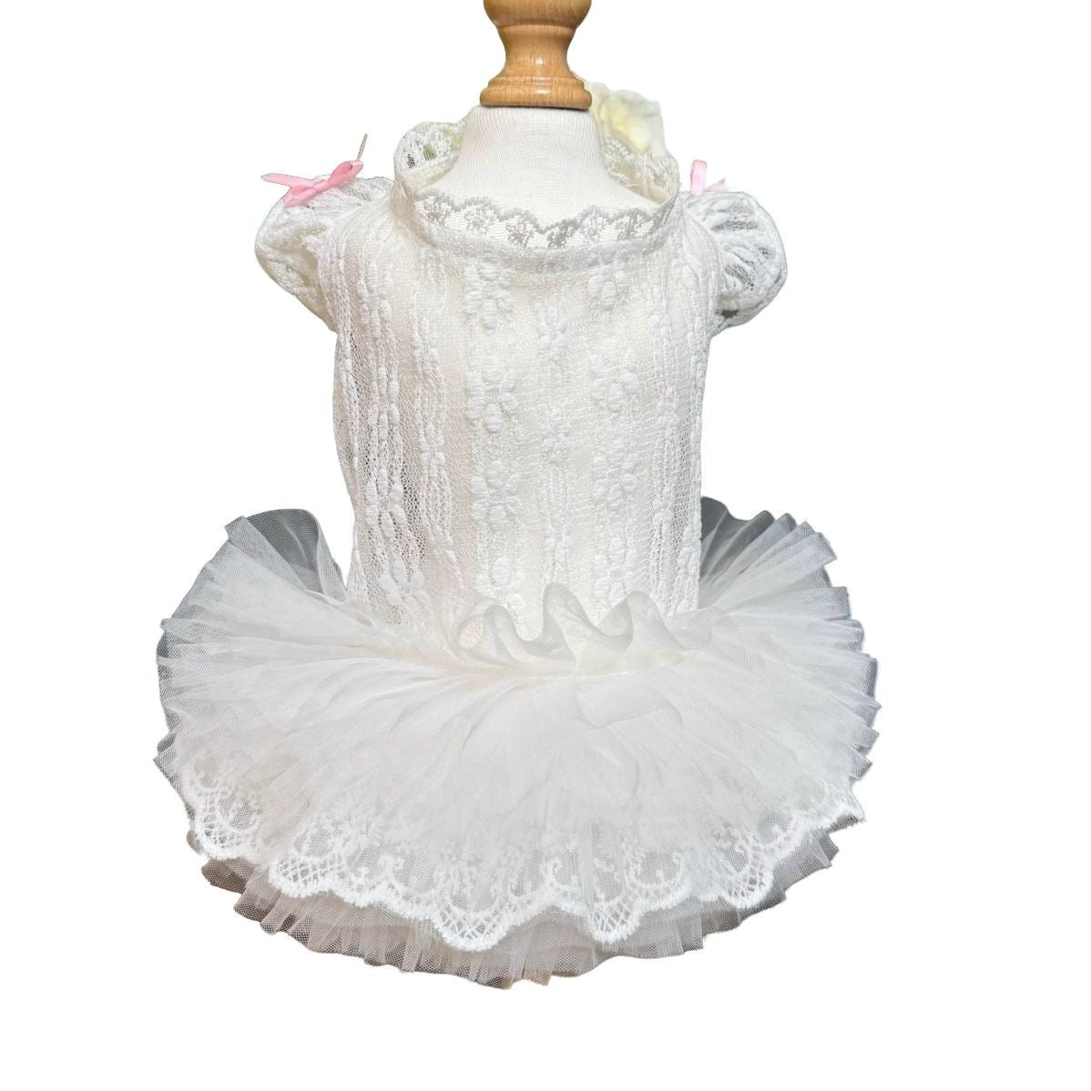 F020-White Lace Lolita Style Dog Dress with Puff Sleeves Tutu Design Summer Breathable Pet Outfit for Small Dogs