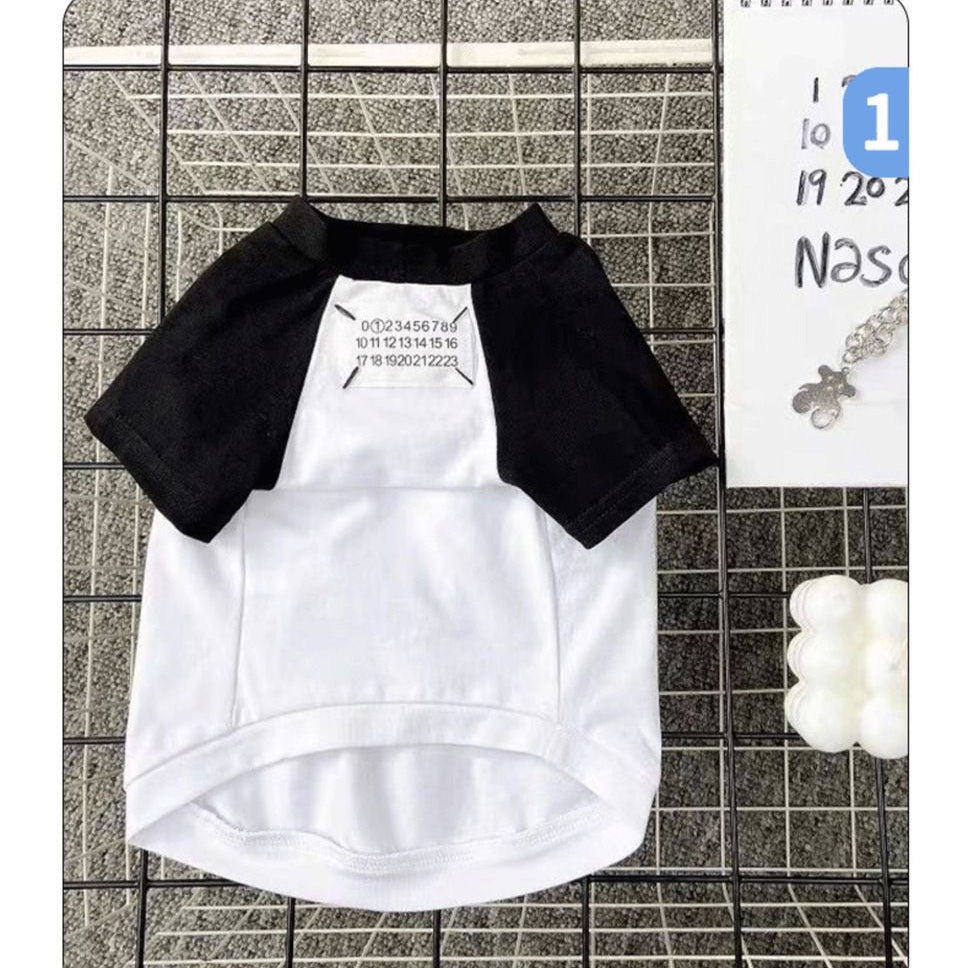 M008-White T-Shirt with Black Sleeve Numbers Pattern on Chest for Boy Dog Summer Wear Fashionable Pet Clothing