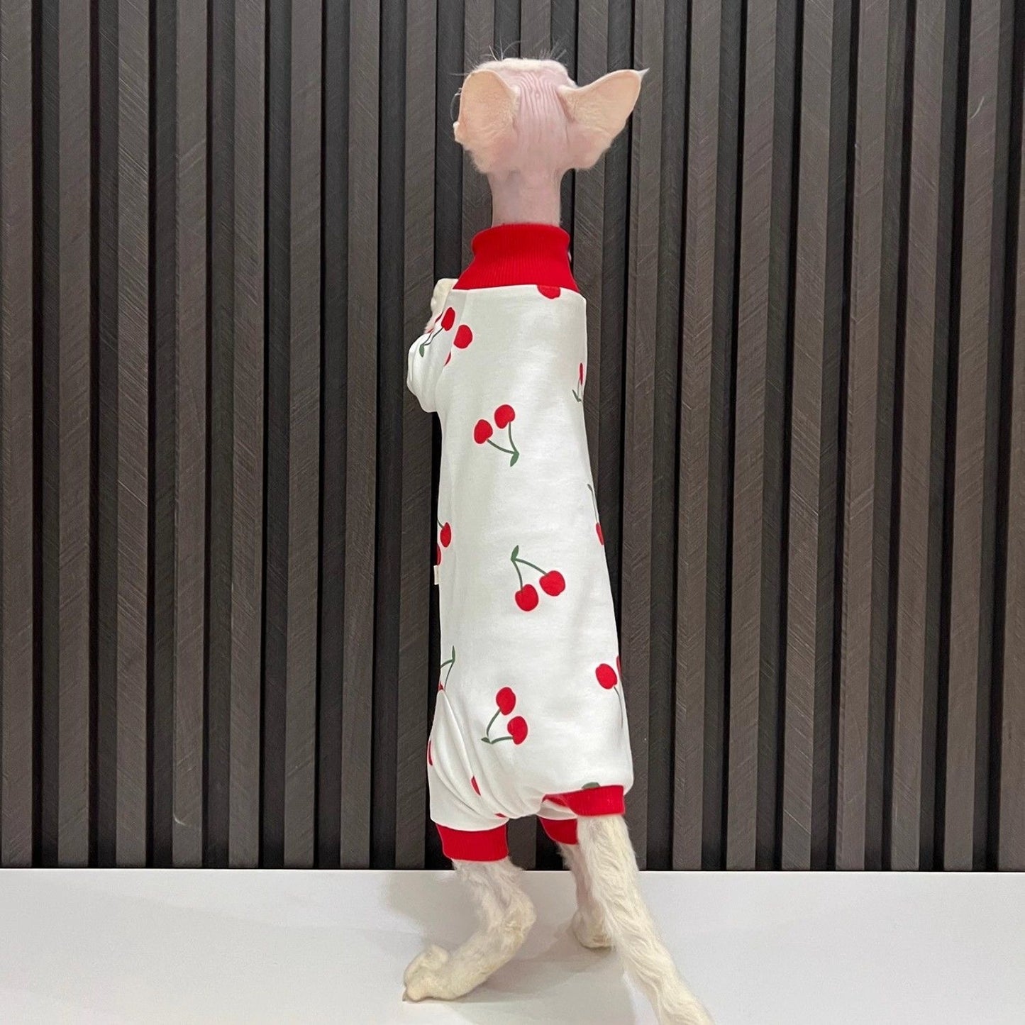 C013-Cherry Print Romper for Cat Fourlegged Shirt for Cats Comfy Wear Pajama Red and White Design Comfortable Wear for Your Feline Friend