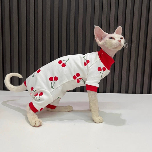 C013-Cherry Print Romper for Cat Fourlegged Shirt for Cats Comfy Wear Pajama Red and White Design Comfortable Wear for Your Feline Friend