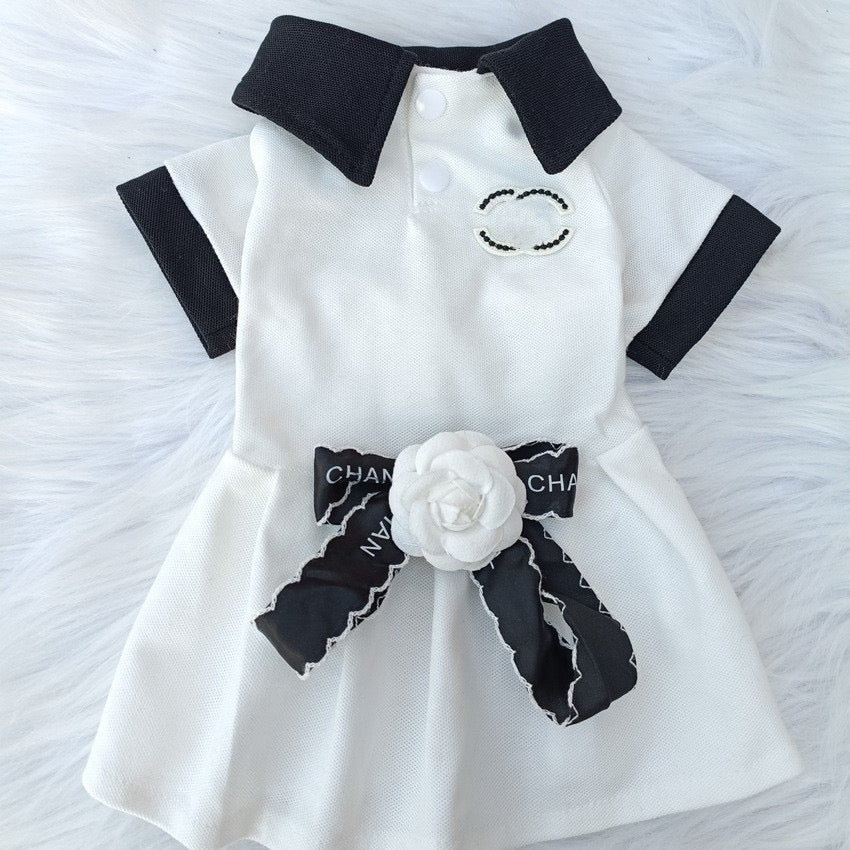 FF002-Classic CC Style Couple Wear for Dogs - Black & White Dog Shirt for Boy and Dress for Girl with Elegant Bow and Flower Detail