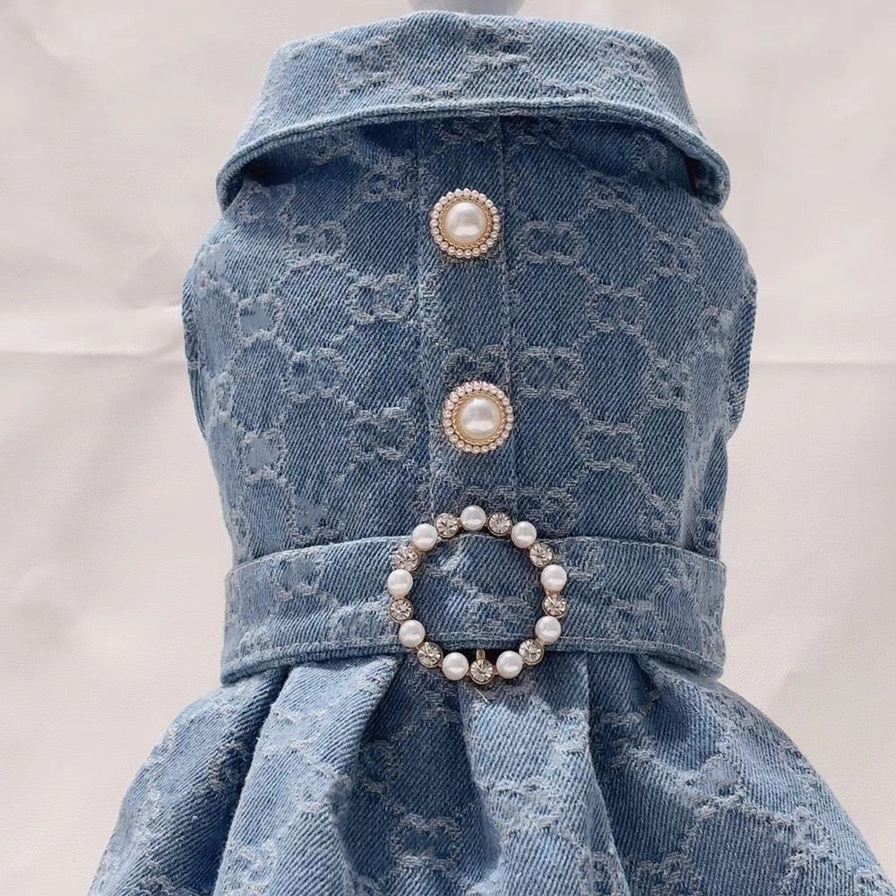 MF004-Denim GG Dress for Girls Summer Wear for Small Dogs Poodle Maltese with Pearl Accents and Bow Detailing