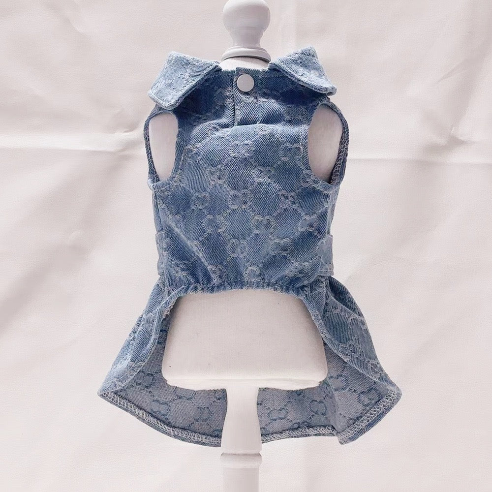 MF004-Denim GG Dress for Girls Summer Wear for Small Dogs Poodle Maltese with Pearl Accents and Bow Detailing