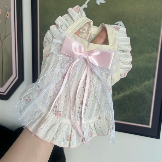 Vintage Lace Floral Dog Dress with Pink Satin Bow Elegant Ruffle Skirt Outfit for Small Pets