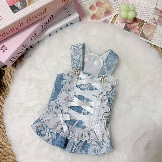 Denim Dress with Lace Detail Small Dog Outfit for Bichon Maltese Poodle Blue & White Fashionable Pet Clothing