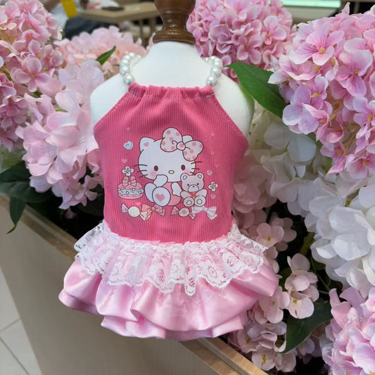 Dark Pink Summer Dress with Pearl Neckline for Small Dogs Bichon Maltese Stretchy Fashionable Wear