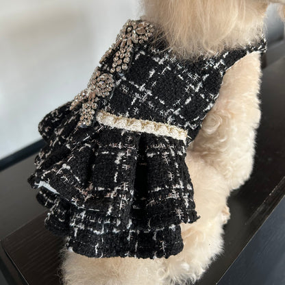 F028-Autumn Winter Dog Dress with Fleece – Elegant Tweed Style Outfit for Small Dogs, Maltese, Yorkie, Bichon, Chihuahua – Warm Pet Clothing