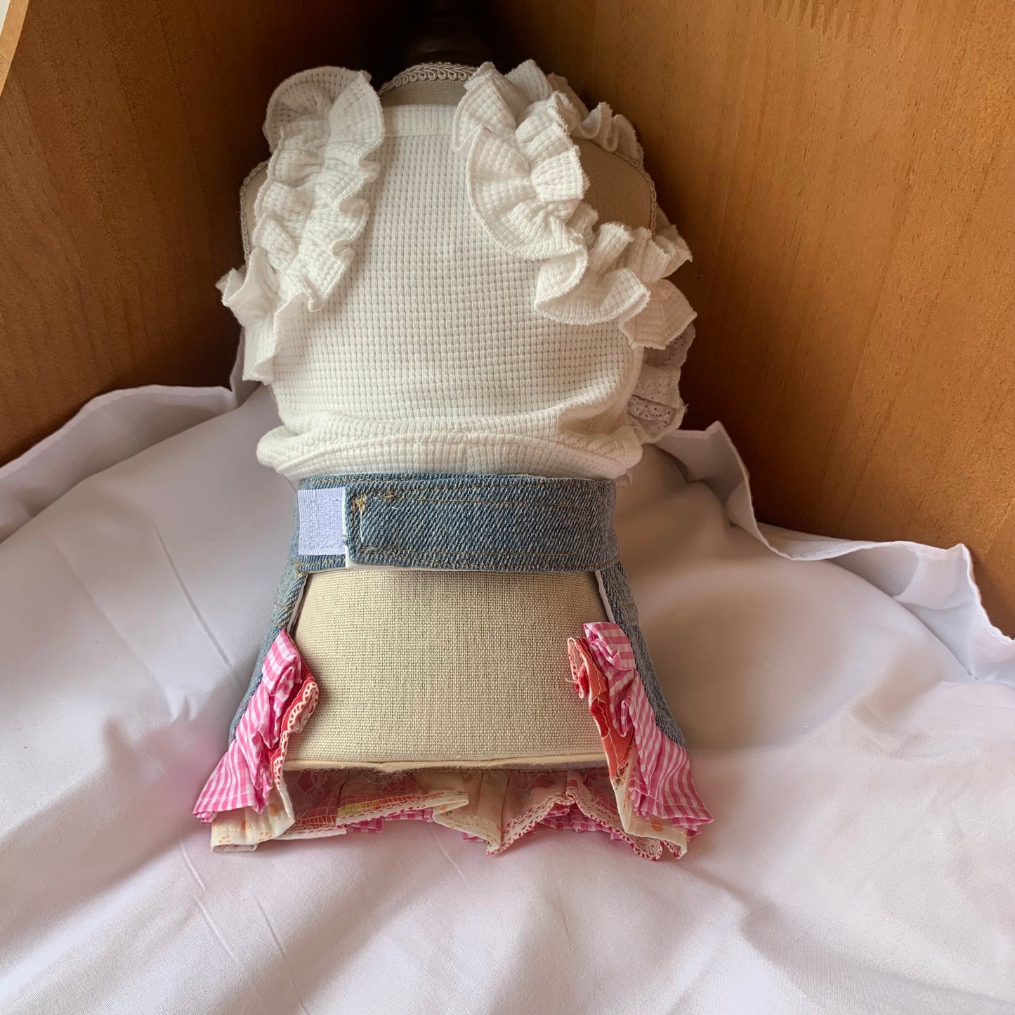 F023-White Shirt with Denim Skirt Set for Small Dogs - Comfy Denim Skirt with Cute Pink HK Print & Ruffled Collar