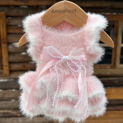 F027-Luxury Plush Dog Sweater Dress –Cloudy Soft Imitation Mink Winter Outfit for Small Breeds Like Yorkie, Maltese & Bichon