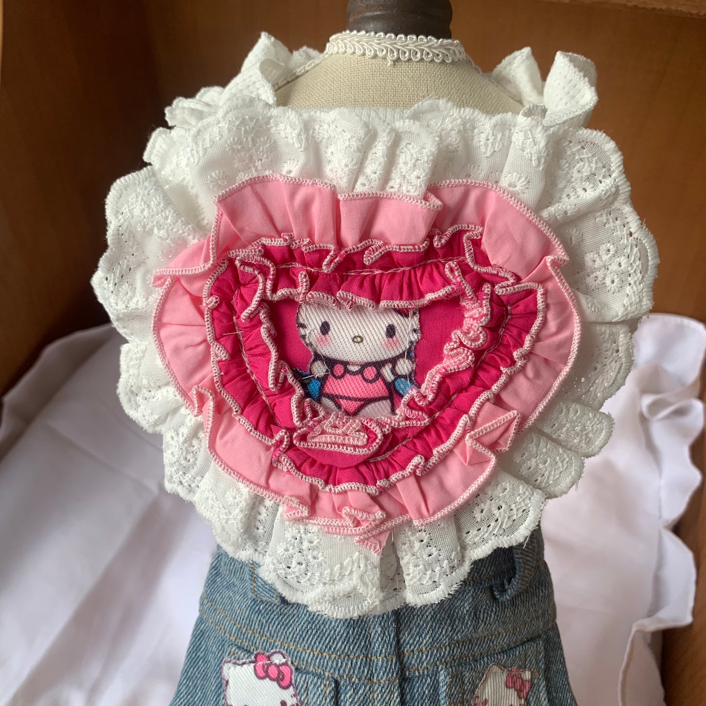 F023-White Shirt with Denim Skirt Set for Small Dogs - Comfy Denim Skirt with Cute Pink HK Print & Ruffled Collar