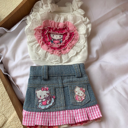 F023-White Shirt with Denim Skirt Set for Small Dogs - Comfy Denim Skirt with Cute Pink HK Print & Ruffled Collar