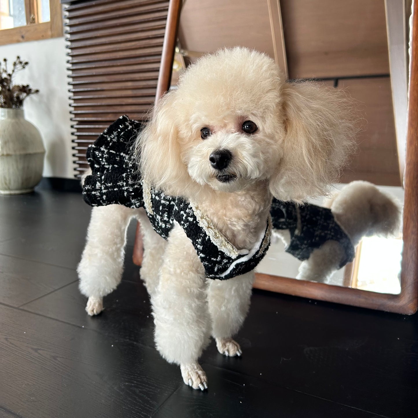 F028-Autumn Winter Dog Dress with Fleece – Elegant Tweed Style Outfit for Small Dogs, Maltese, Yorkie, Bichon, Chihuahua – Warm Pet Clothing