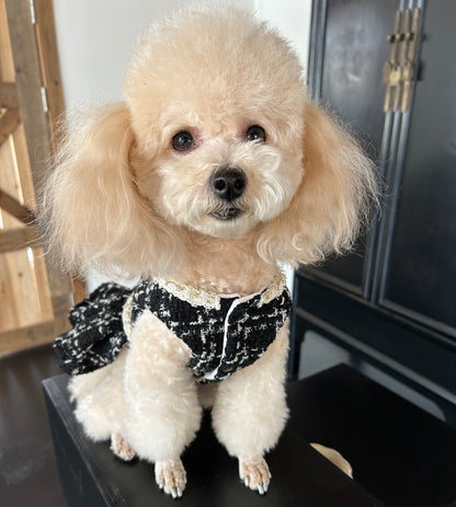 F028-Autumn Winter Dog Dress with Fleece – Elegant Tweed Style Outfit for Small Dogs, Maltese, Yorkie, Bichon, Chihuahua – Warm Pet Clothing