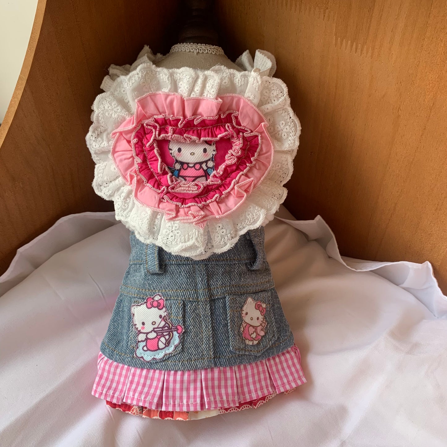 F023-White Shirt with Denim Skirt Set for Small Dogs - Comfy Denim Skirt with Cute Pink HK Print & Ruffled Collar