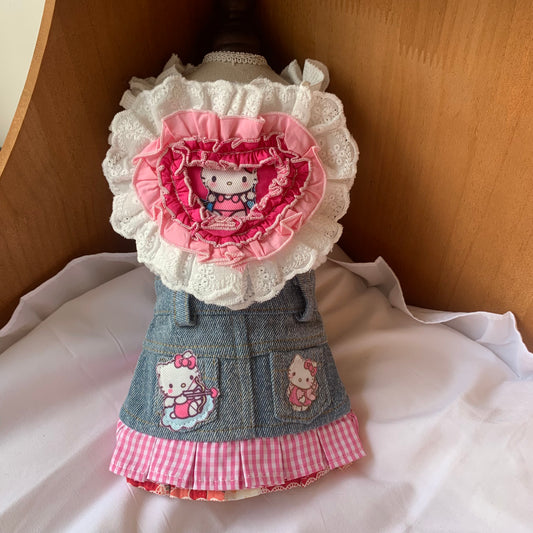 F023-White Shirt with Denim Skirt Set for Small Dogs - Comfy Denim Skirt with Cute Pink HK Print & Ruffled Collar