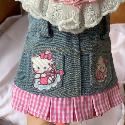 F023-White Shirt with Denim Skirt Set for Small Dogs - Comfy Denim Skirt with Cute Pink HK Print & Ruffled Collar