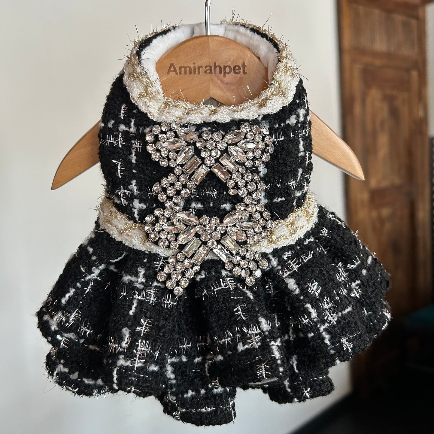 F028-Autumn Winter Dog Dress with Fleece – Elegant Tweed Style Outfit for Small Dogs, Maltese, Yorkie, Bichon, Chihuahua – Warm Pet Clothing