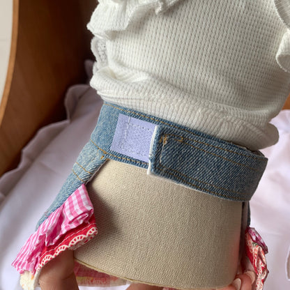 F023-White Shirt with Denim Skirt Set for Small Dogs - Comfy Denim Skirt with Cute Pink HK Print & Ruffled Collar