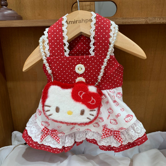 F025-Cute Hello Kitty Dress Red and White for Small Dog with Polka Dot Pattern and Lace Trim