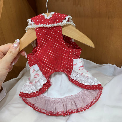 F025-Cute Hello Kitty Dress Red and White for Small Dog with Polka Dot Pattern and Lace Trim