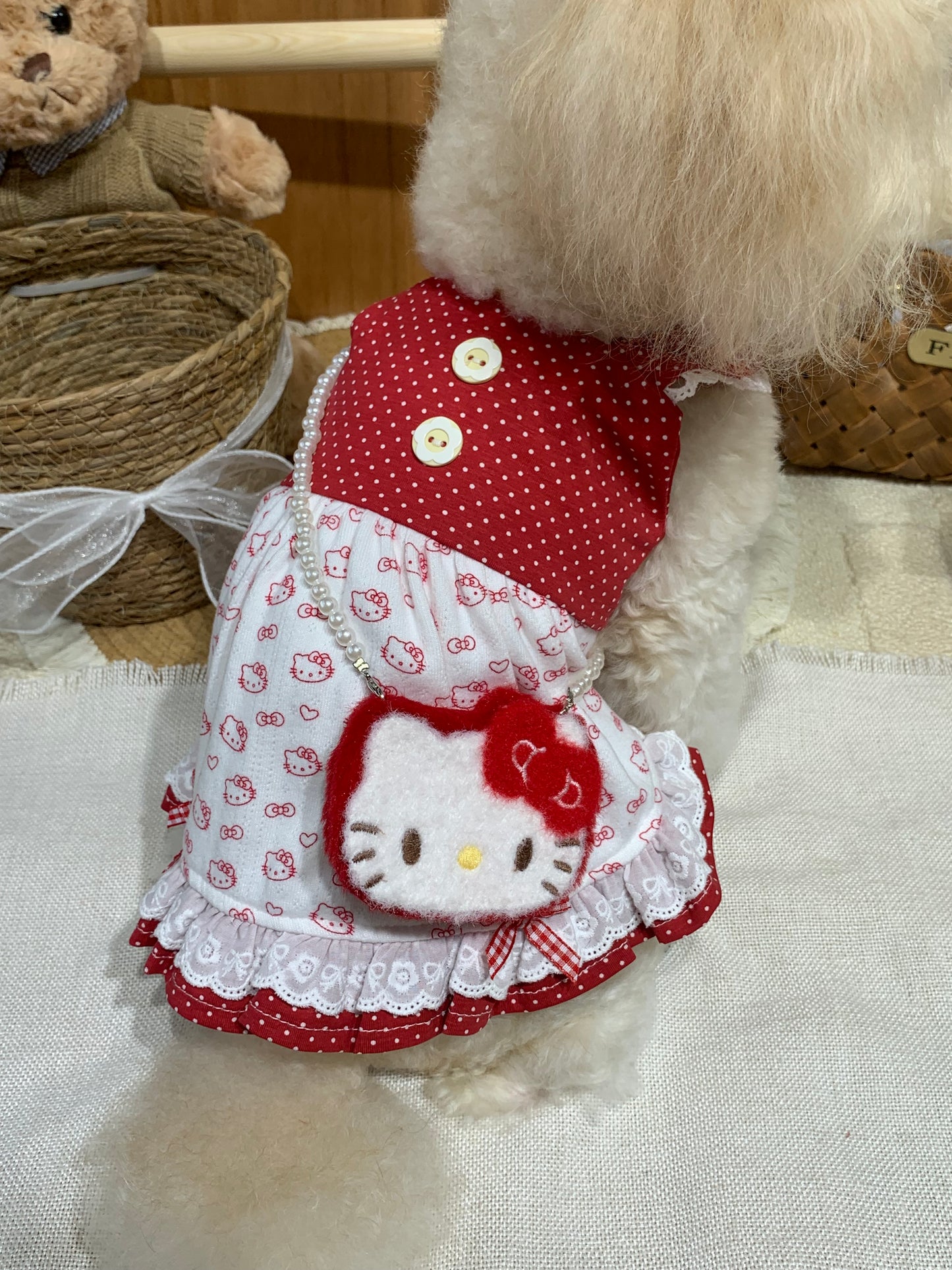 F025-Cute Hello Kitty Dress Red and White for Small Dog with Polka Dot Pattern and Lace Trim