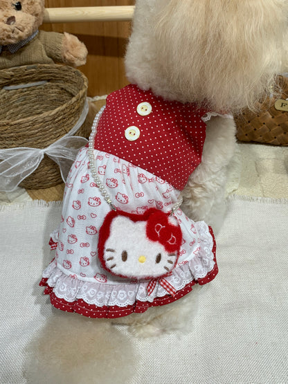 F025-Cute Hello Kitty Dress Red and White for Small Dog with Polka Dot Pattern and Lace Trim